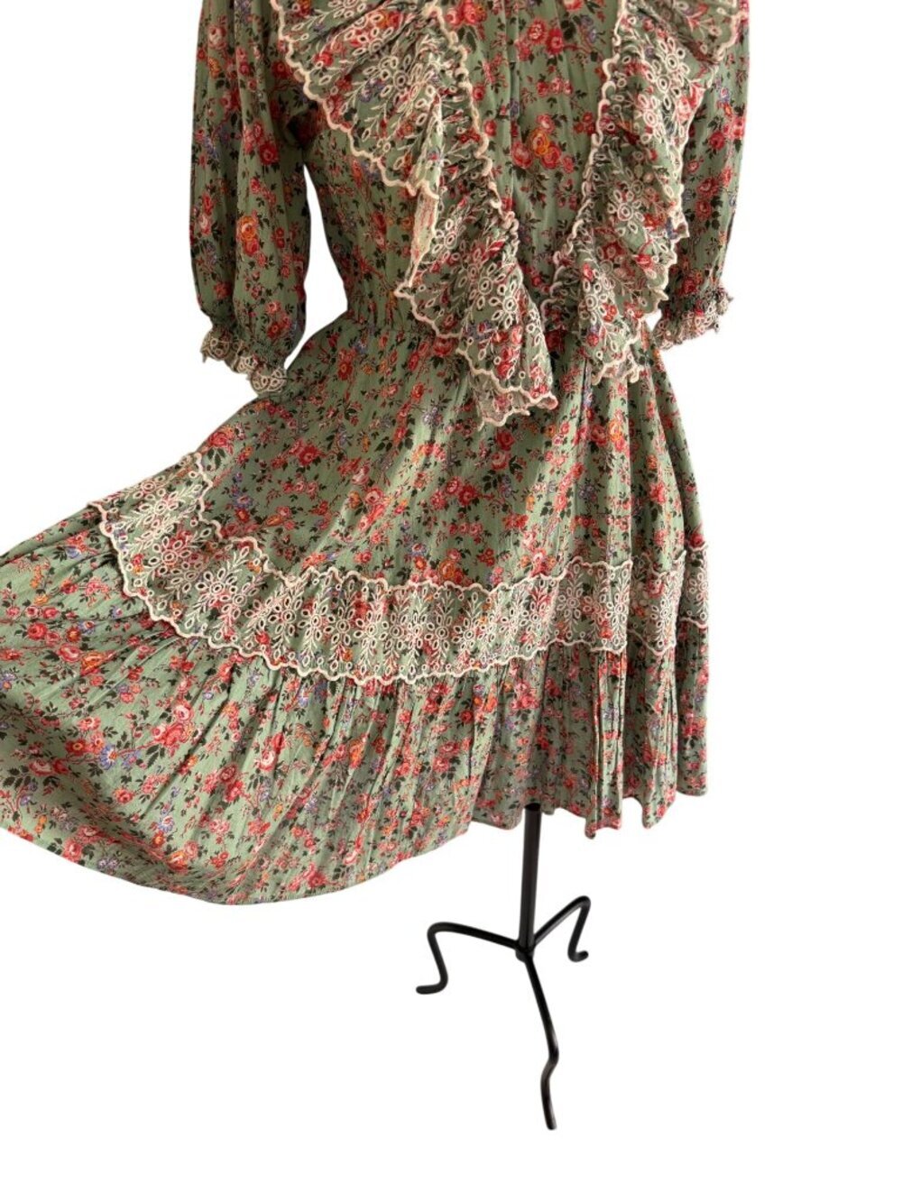 byTimo Womens Eyelet Lace Trim Ruffle Bodice Floral Mini Dress Size M Green Boho - Picture 9 of 10